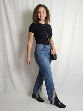 Vocal Rhinestone Fringe Hem Bootcut Jeans - Medium Wash - Size 34 (approx.)